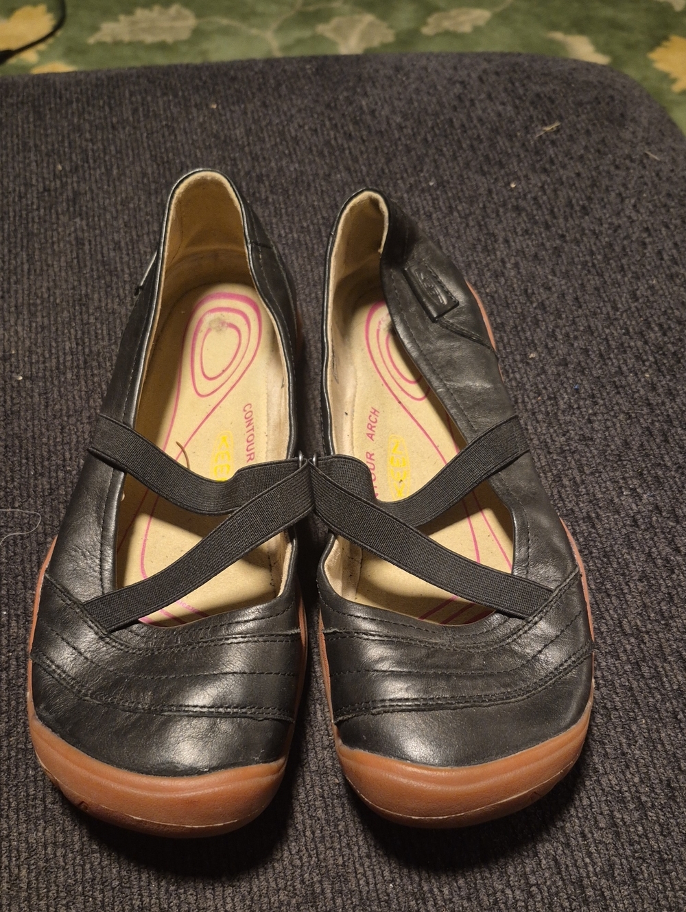 Keen Black Leather Flats with Brown Soles and Elastic Cross Straps